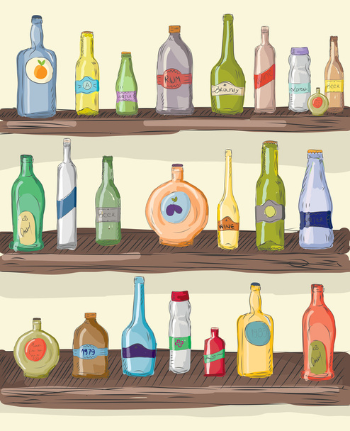Colorful bottles on shelf - Vector, Image