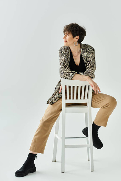 Kısa saçlı orta yaşlı bir kadın şık bir stüdyo ortamında beyaz bir sandalyede zarif bir şekilde oturur.. - Fotoğraf, Görsel