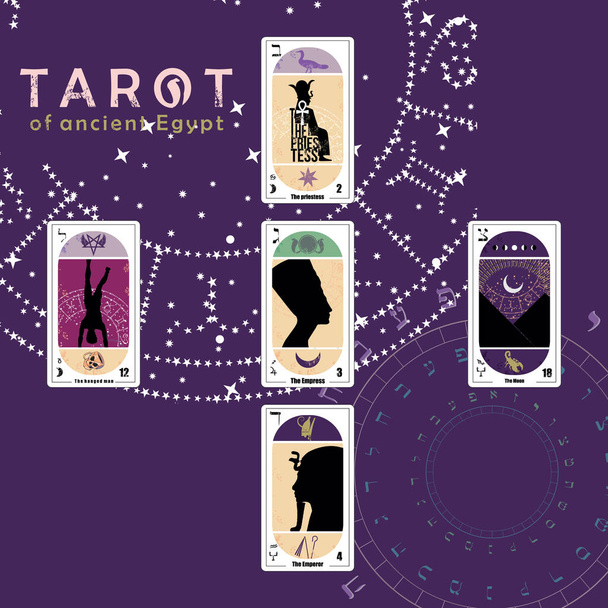Set of Egyptian tarot cards on blue background. Cards called The Empress, The Moon, The Emperor, The priestess, the sun and the Hanged Man.  - Vector, Image