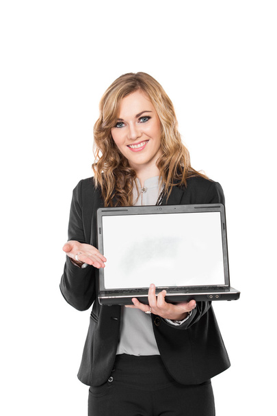 Young business woman with laptop, isolated on white background - Φωτογραφία, εικόνα