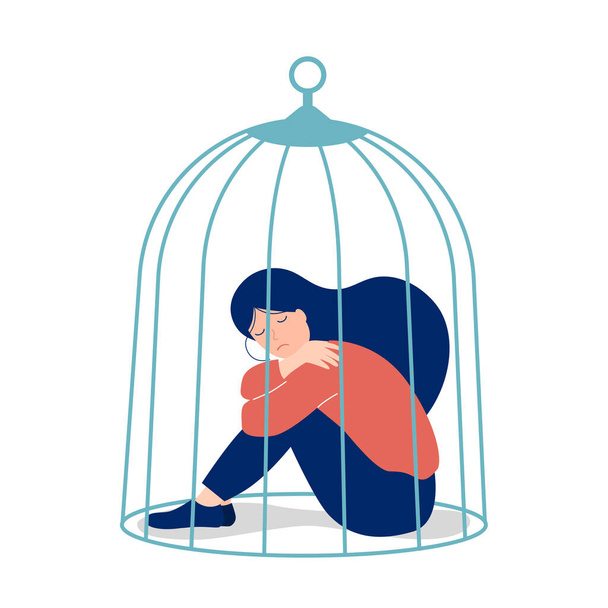Triste fille assise dans une cage isolée sur fond blanc. Concept de dépression et d'auto-isolement. La santé mentale. Concept de dépression - Vecteur, image
