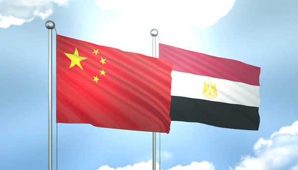 Drapeau 3D de la Chine et l'Egypte sur le ciel bleu avec soleil briller - Photo, image