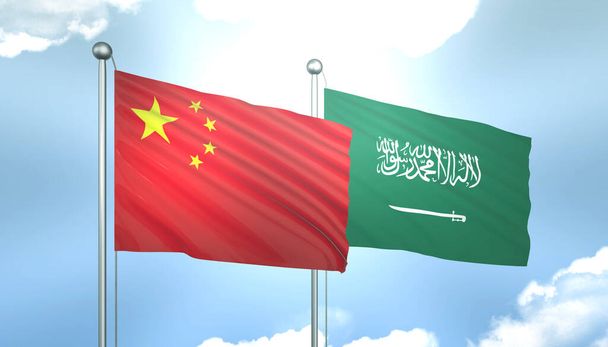 3D-Flagge von China und Saudi-Arabien am blauen Himmel mit Sonnenschein - Foto, Bild