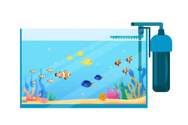 Rectangular vector fish tank with external filter External filter for aquarium fish. Vector illustration. - Vector, Image