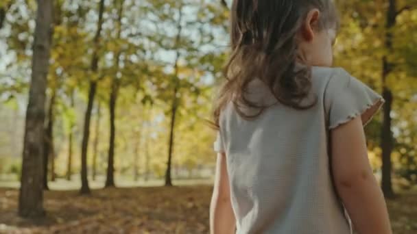 Little girl with brunette hair walking on the path in the summer park in the light of the sunset. Kid girl, walking in park. Family, happiness concept. - Footage, Video