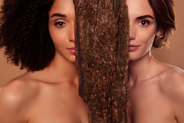 Photo de deux jolies filles douces mystiques nymphes cachent demi-visage avec écorce d'arbre procédure de rajeunissement organique. - Photo, image