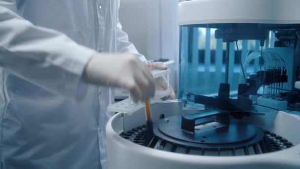 Mannelijke chemicus zet bloedmonsters van buizenrek in moderne automatische apparaat voor biochemische bloedonderzoek analyseren. Professionele wetenschapper werkt in een geavanceerd onderzoekslab. Laboratorium voor biotechnologie. - Video