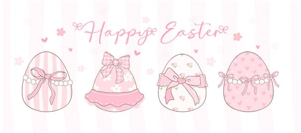 Χαριτωμένο ροζ κοκέτα πασχαλινά αυγά Cartoon banner, γλυκό ρετρό Ευτυχισμένο Πάσχα ζώων άνοιξη Ζωγραφική χέρι. - Διάνυσμα, εικόνα
