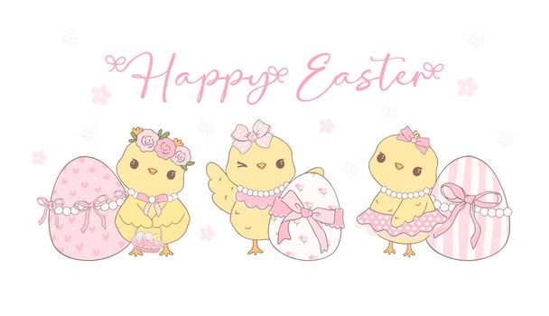 Cute Pink Coquette Пасха, группа цыплят с яйцами Карикатурный баннер, сладкий Ретро Счастливая Пасха весеннее животное Ручное рисование. - Вектор,изображение