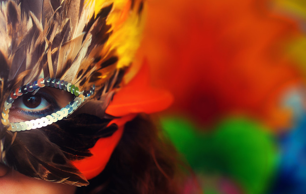 Giovane donna con una maschera colorata di carnevale piuma su luminoso
 - Foto, immagini