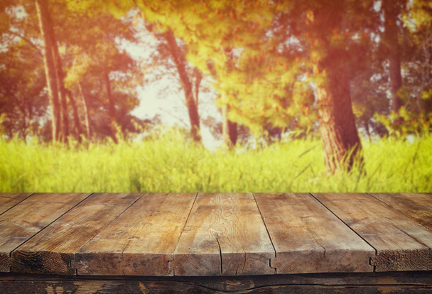 Wood board table in front of summer landscape with lens flare. - Zdjęcie, obraz