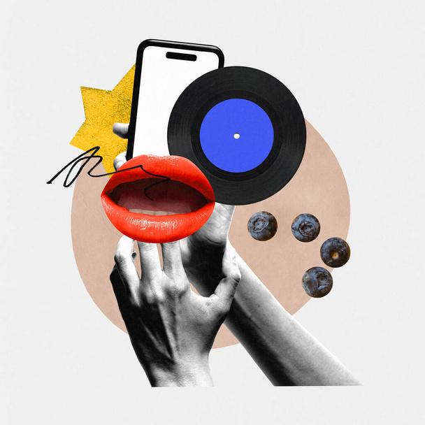 Modern aesthetic artwork. Hand holding smartphone with vinyl record, red lips, sound wave, and blueberries, symbolizing audio features. Concept of diverse music library, streaming services, podcasts. - Photo, Image