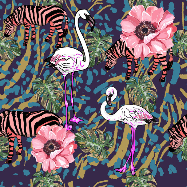 Patrón sin costuras con flores tropicales, cebras, flamencos, manchas de tigre. Patrón de elementos multicolores. Para imprimir, imprimir en tela - Vector, imagen
