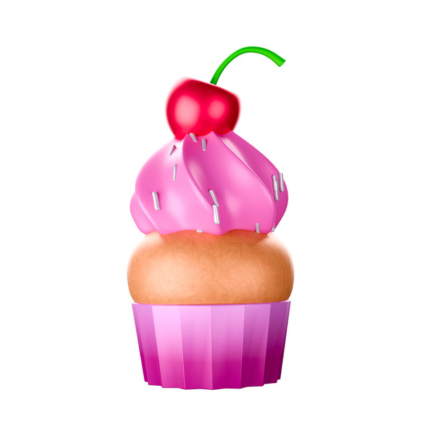 Muffin de cereza estilo de dibujos animados batida crema rosa 3D representación sobre fondo blanco tienen camino de trabajo. - Foto, Imagen