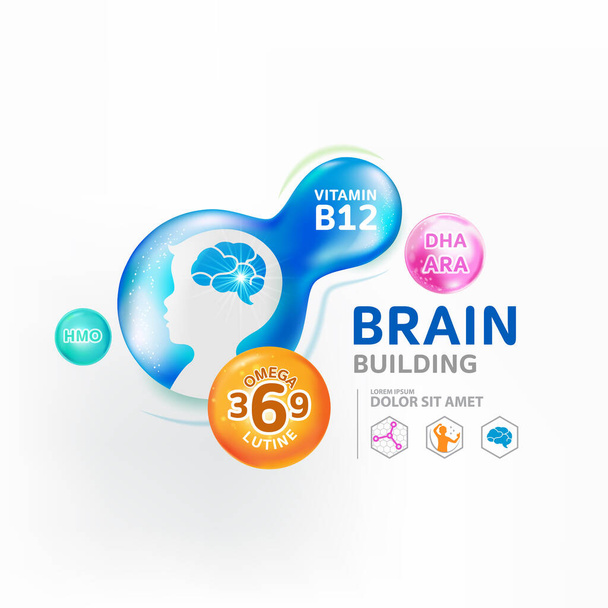 Omega 3 vitamine per Brain Building prodotto per i bambini  - Vettoriali, immagini
