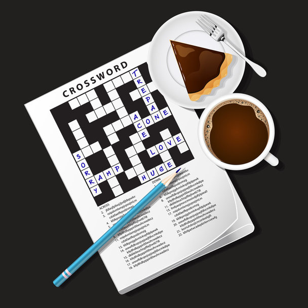 Иллюстрация игры в кроссворд, кружка кофе и пирог
 - Вектор,изображение