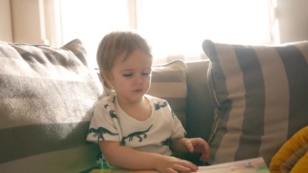 Egy kisfiú ül a kanapén egy kényelmes nappaliban, könyvet olvas és gyakorlatokat végez egy tollal.. - Felvétel, videó