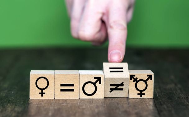Symbol for gender equality. Hand turns a wooden cube and changes a unequal sign to a equal sign between symbols of men, women and transgender.	 - Foto, Bild