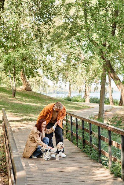 Ένας ενήλικας και ένα κοριτσάκι στέκονται σε μια γέφυρα σε ένα πάρκο.. - Φωτογραφία, εικόνα