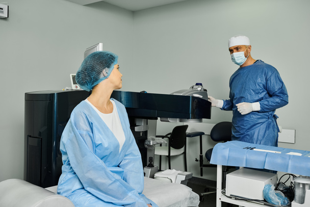 Muž a žena v čistírně na klinice pro korekci laserového vidění. - Fotografie, Obrázek