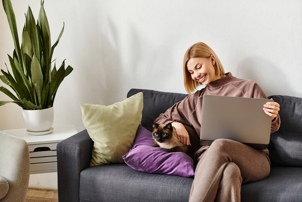 Egy nő rövid hajjal pihen a kanapén a macskájával az oldalán, egy laptopon dolgozik egy kényelmes otthoni környezetben. - Fotó, kép