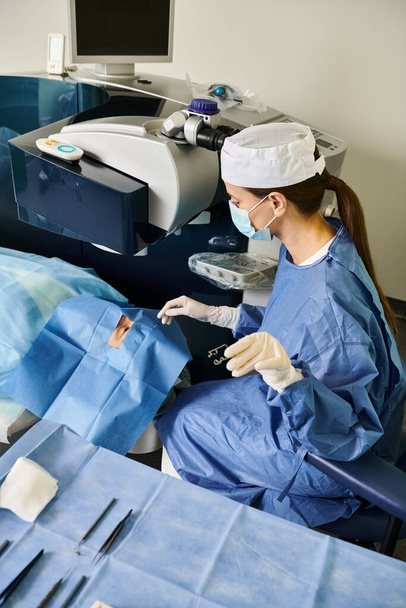 Μια γυναίκα σε ένα χειρουργικό φόρεμα εκτελεί διόρθωση όρασης λέιζερ. - Φωτογραφία, εικόνα
