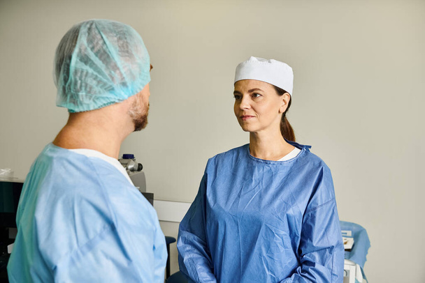 Appealing doctor in a hospital gown consulting before laser vision correction. - Photo, Image