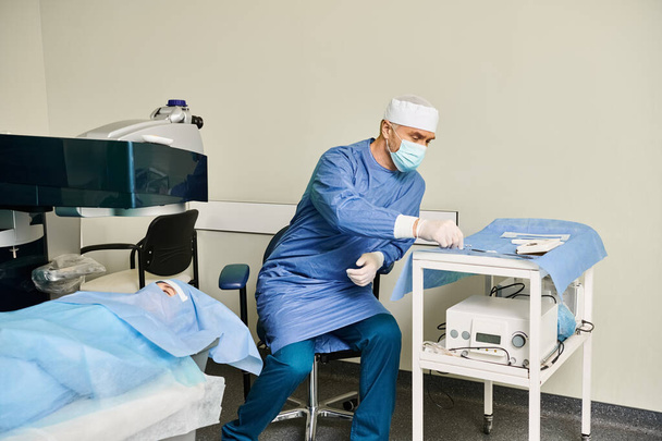 Ένας άντρας με χειρουργική ρόμπα κάθεται σε ένα τραπέζι.. - Φωτογραφία, εικόνα