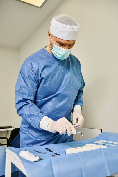 Ένας άντρας με χειρουργικό φόρεμα, επιδέξια χειρίζεται ένα χειρουργικό όργανο.. - Φωτογραφία, εικόνα