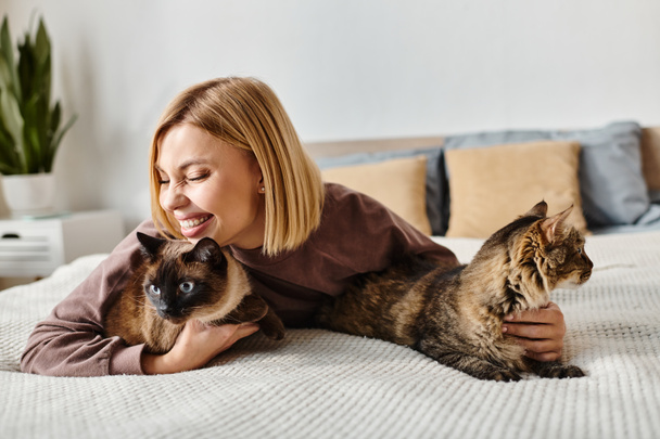 Uma mulher chique com cabelo curto se reclina pacificamente em uma cama, cercada por dois gatos carinhosos. - Foto, Imagem