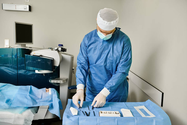 Un hombre con una bata quirúrgica opera una máquina. - Foto, Imagen