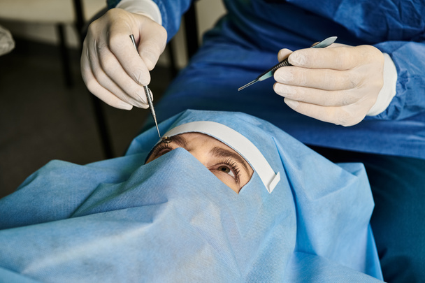 Γυναίκα με μάσκα που λαμβάνει ένεση στο ιατρείο για διόρθωση όρασης με laser. - Φωτογραφία, εικόνα