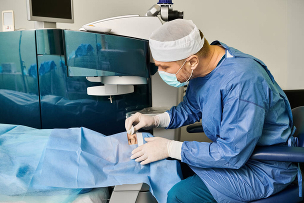 Mies leikkauspuvussa käyttää konetta lääketieteellisessä ympäristössä.. - Valokuva, kuva
