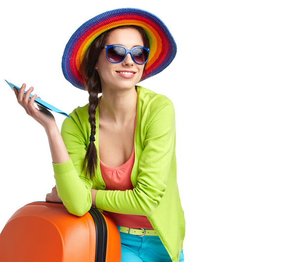 portrait of female tourist with travel suitcase and boarding pas - Zdjęcie, obraz