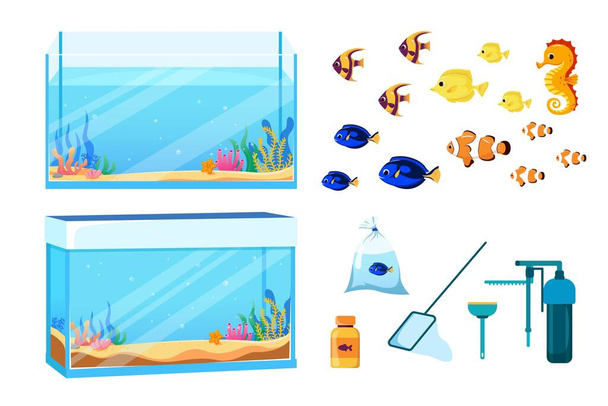 Vector aquarium set, collection of basic aquarium elements. cartoon style - Vector, Image