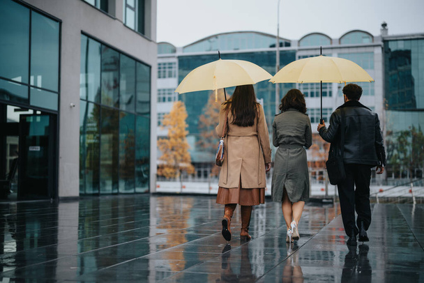 Widok z tyłu grupy przyjaciół lub kolegów spacerujących pod żółtymi parasolami na mokrym miejskim chodniku w deszczową pogodę. - Zdjęcie, obraz