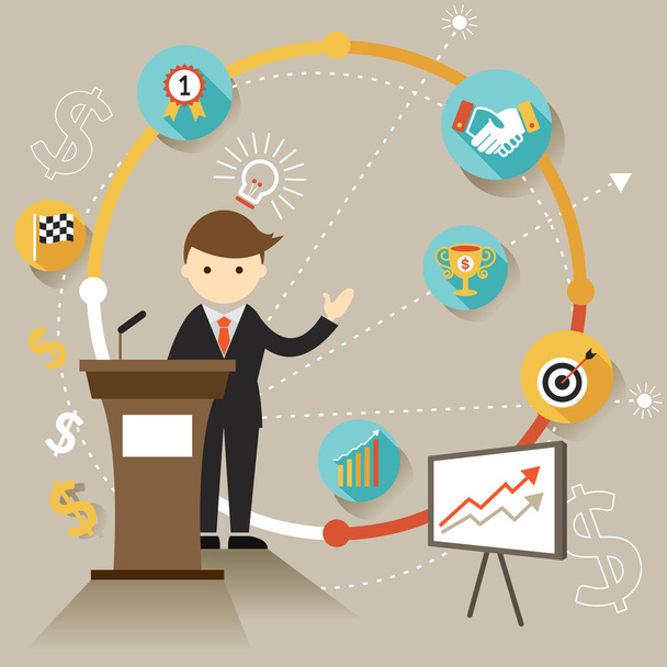 Презентация успешных достижений бизнесмена с иконами
 - Вектор,изображение