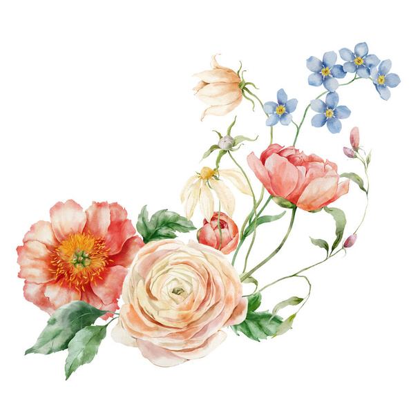 Watercolor bouquet of peony, ranunculus, forget-me-not and leaves. Hand painted card of floral elements isolated on white background. Holiday flowers Illustration for design, print background - Photo, Image