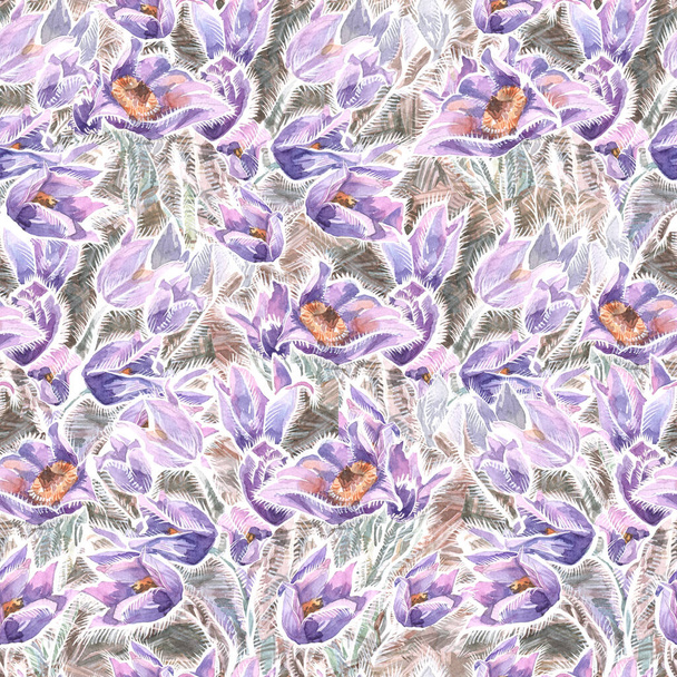 nahtloses Muster mit blühenden Frühlingskrokusblüten und Knospen im trockenen Gras, Aquarell auf Papier - Foto, Bild