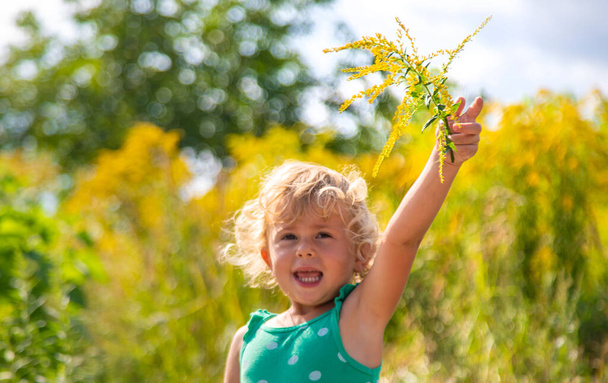 Uma criança é alérgica à flor de ragweed no parque. Foco seletivo. Natureza. - Foto, Imagem