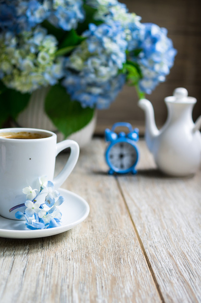 Blue hydrangea flowers and coffee - Photo, Image