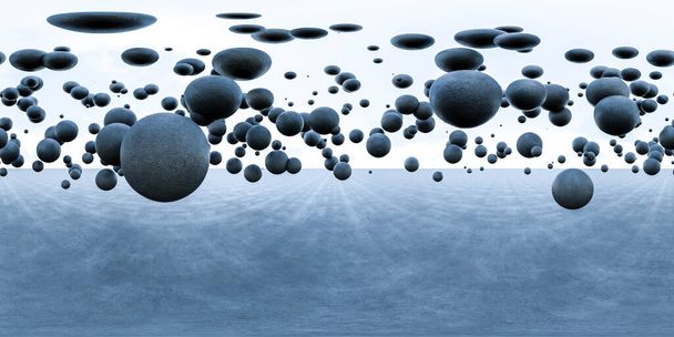 Кілька кульок плавають у повітрі над бетонним ґрунтом, відбиваючи гравітацію та створюючи інтригуюче візуальне видовище. рівносторонній 360 градусів панорами vr віртуальної реальності - Фото, зображення