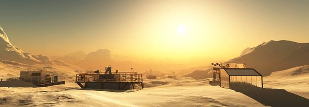 太陽が昇り,雪に覆われた地球外の風景に囲まれた科学的な前哨基地に暖かい光を投げかけます - 写真・画像