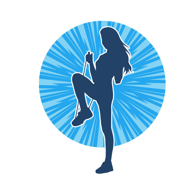 Σιλουέτα μιας αθλητικής γυναίκας στο γυμναστήριο προπόνηση χρησιμοποιώντας σχοινί έλξης. Γυμναστήριο κορδόνια άσκησης τραβήξει σχοινί τεντώσει αντίσταση κατάρτισης. - Διάνυσμα, εικόνα