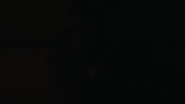 una mujer payaso con espeluznante maquillaje riendo y llorando en una vieja escalera en la noche - Metraje, vídeo