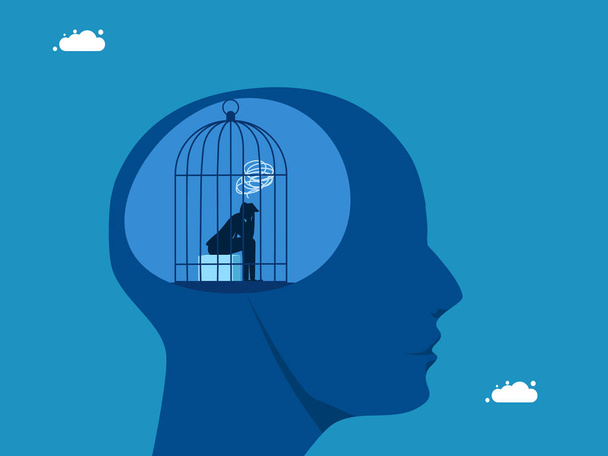 Depression. Geschäftsmann steckt in einem Käfig auf einem menschlichen Hirnvektor fest - Vektor, Bild
