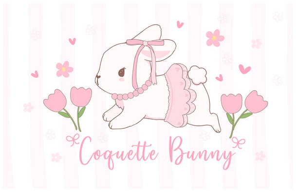 Cute Coquette кролики с луком и тюльпан цветы Мультфильм баннер, сладкий Ретро Счастливая Пасха весна животное. - Вектор,изображение