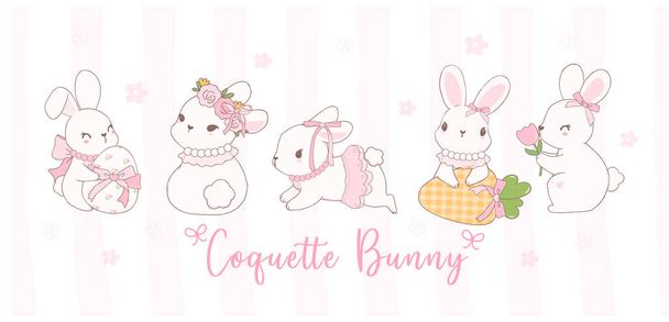 Bonitos coquetes coelhos com arco Bandeira dos desenhos animados, doce Retro Feliz Páscoa primavera animal. - Vetor, Imagem