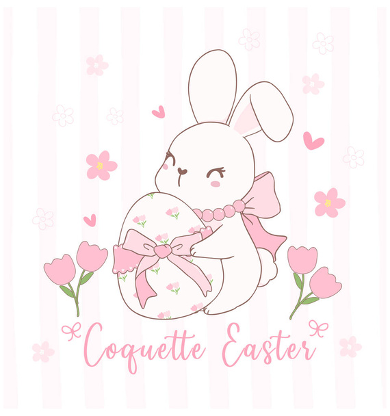 Χαριτωμένο Coquette κουνελάκια με φιόγκο και πασχαλινό αυγό Γελοιογραφία, γλυκό Ρετρό Ευτυχισμένο το Πάσχα ζώο άνοιξη. - Διάνυσμα, εικόνα
