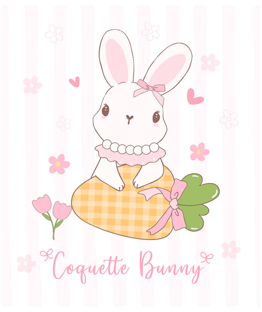 Cute Coquette bunny with bow and carrot Cartoon, sweet Retro Happy Easter spring animal. - Vector, Image